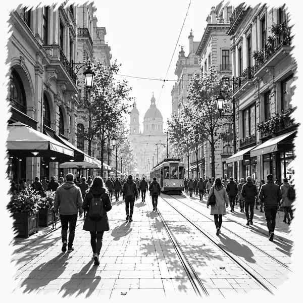 A busy city street captured as an expressive black-and-white sketch.