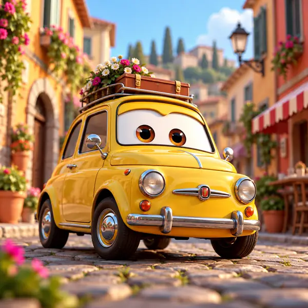 A cheerful animated vehicle on a colorful street, rendered with expressive three-dimensional details.