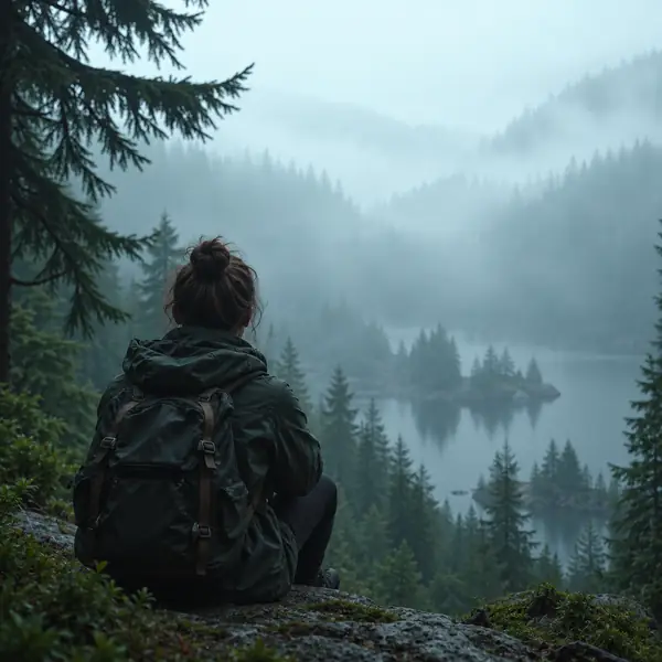 A figure viewed from behind while looking into a quiet misty forest.