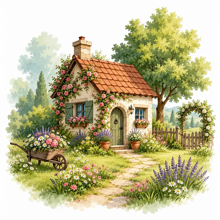 A small cottage and flowering garden painted in gentle watercolor tones.