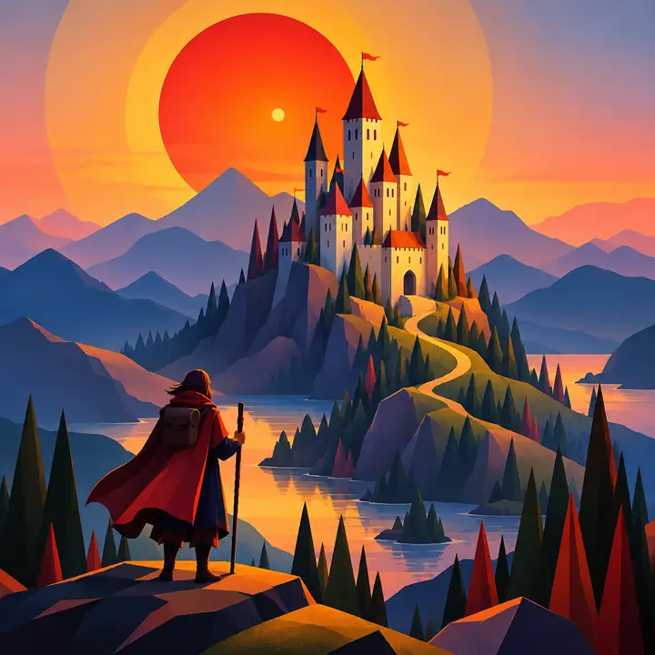 A storybook castle rising above layered mountains in bold sunset colors.