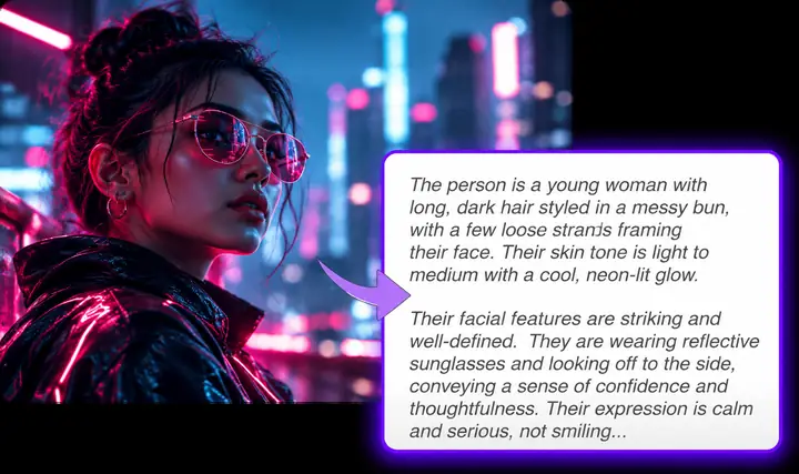 A vividly lit portrait paired with a written description in a simple image-analysis interface.
