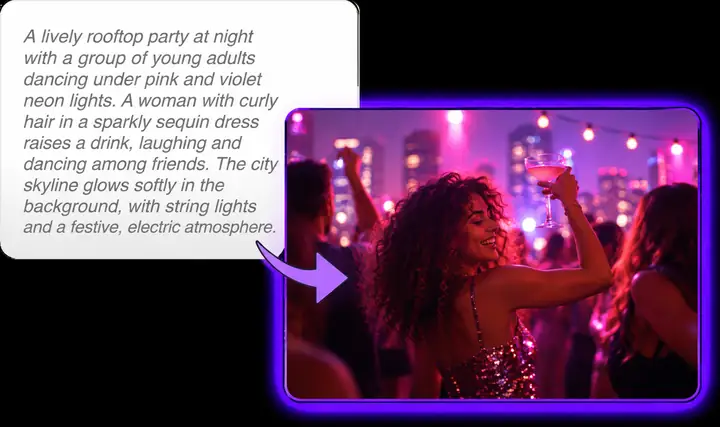 A written party scene presented beside a colorful finished image under pink and violet lights.
