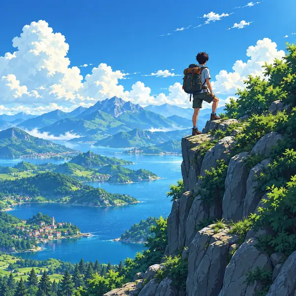 An anime-style traveler on a mountain beneath a brilliant blue sky.