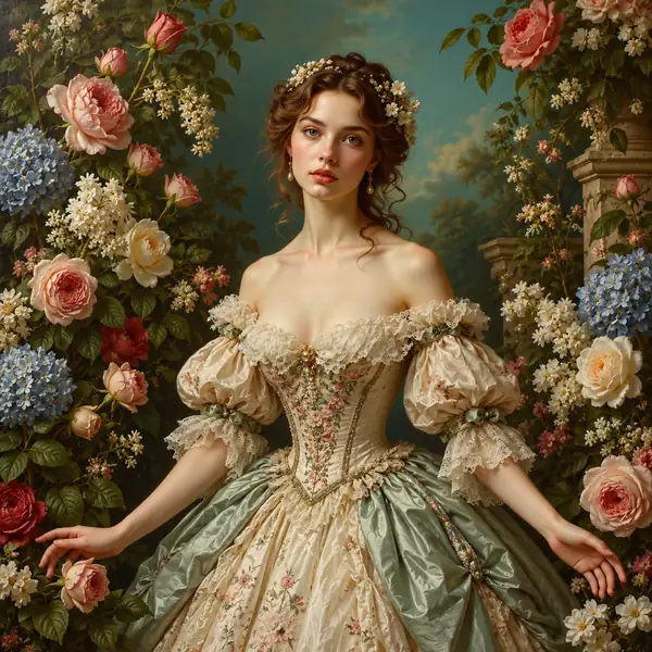 An elegant woman in a Victorian gown surrounded by lush flowers.