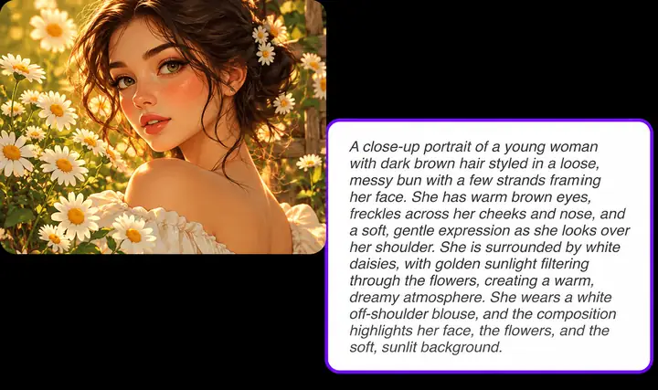 An illustrated portrait beside a detailed written description of its colors, subject, and composition.