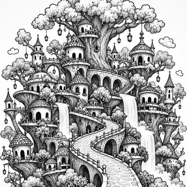 An intricate black-and-white doodle of a fantastical city filled with playful buildings.