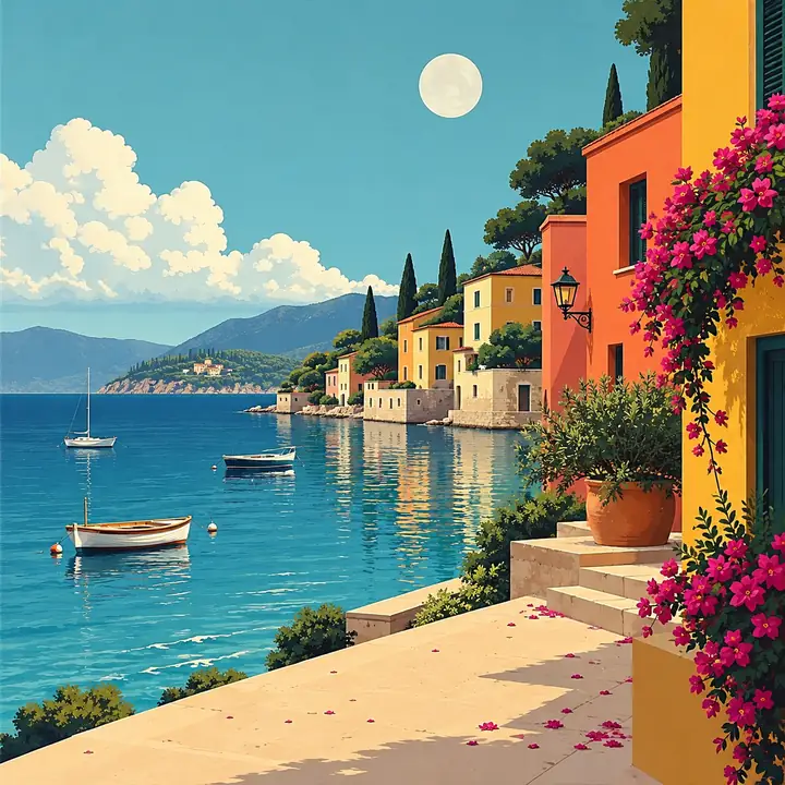 Colorful geometric seaside buildings beside calm water beneath a bright sky.