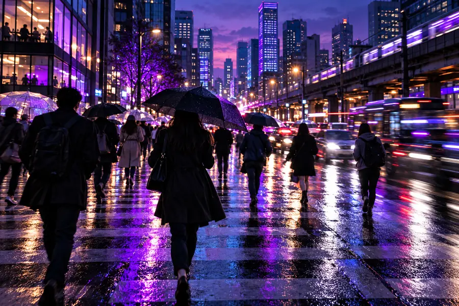 Busy city street used as a moving-scene reference